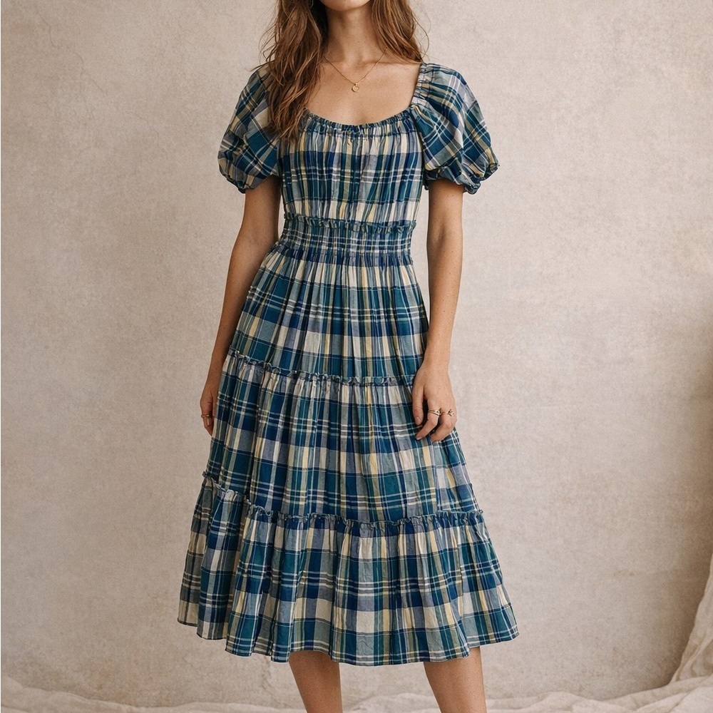 CJ Laing Coastal Plaid Smocked Midi Dress